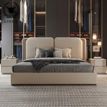 Легкая роскошная современная двуспальная кровать из массива дерева и искусственной кожи в главной спальне, большая кровать, высококачественная итальянская дизайнерская мебель C3, новинка.