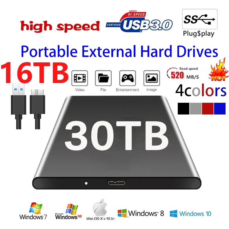 Портативный Внешний Жесткий Диск емкостью 1 ТБ Высокоскоростной SSD 500 ГБ 2 ТБ 4 ТБ HD Mass Storage USB 3,0 Жесткие Диски емкостью 16 ТБ 8 ТБ HD Внешние для ноутбука