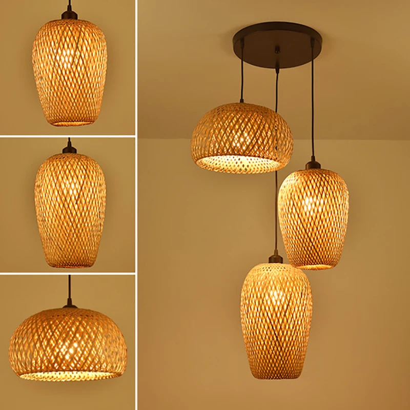 Бамбуковая люстра, интеллектуальная лампа с дистанционным управлением, искусственный тканый абажур, Светильники для столовой, спальни, гостиной