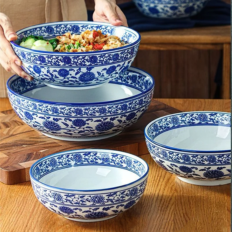 Сине-белая фарфоровая посуда, Керамическая Большая миска, Японская посуда, Декоративная миска для лапши, Суп, Принадлежности для домашней кухни