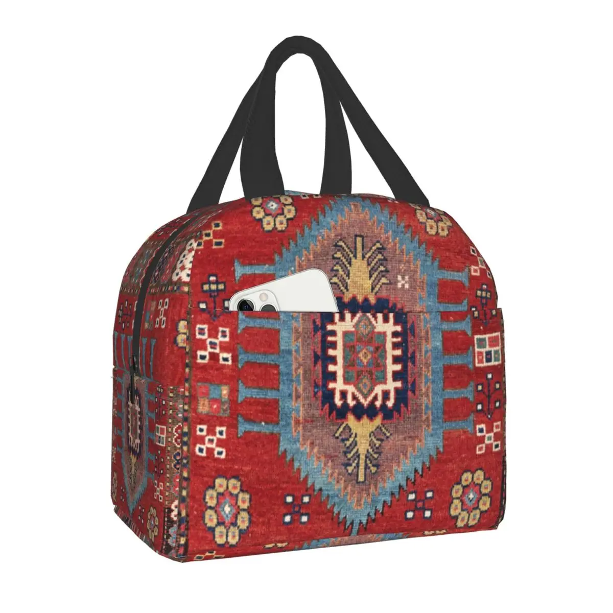Fiambrera con estampado de alfombra de acento Tribal antiguo, bolsa de almuerzo con aislamiento térmico, bohemios, Kilim, geomet