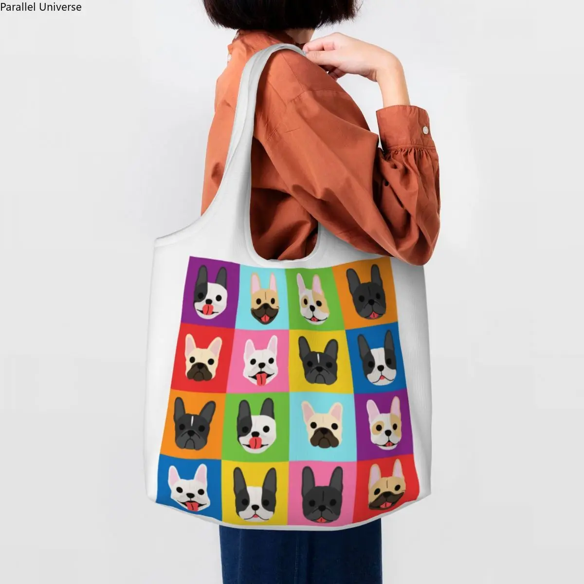 Хозяйственная сумка с мордочками французского Бульдога в стиле поп-арт, холщовая сумка через плечо, прочные сумки для покупок с подарками для домашних животных Frenchies, сумки для покупок для домашних животных
