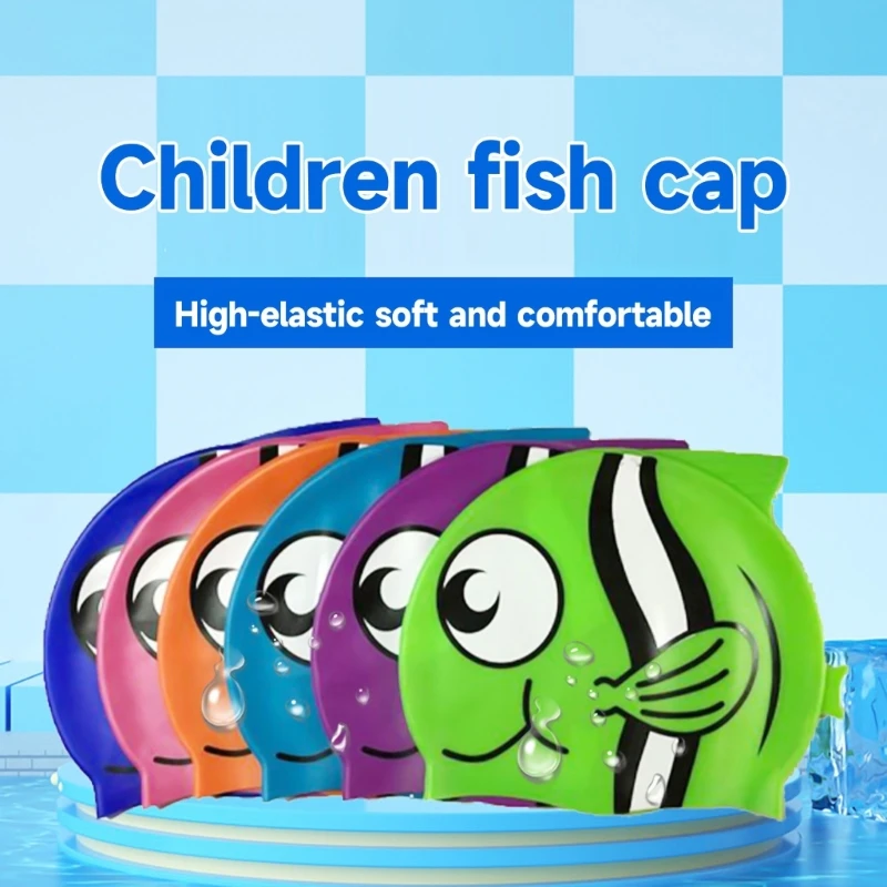 Шапочка для плавания, Мультяшная Рыба-Акула, Силиконовая Водонепроницаемая Летняя Защита ушей для бассейна для девочек, мальчиков, Малышей, детей