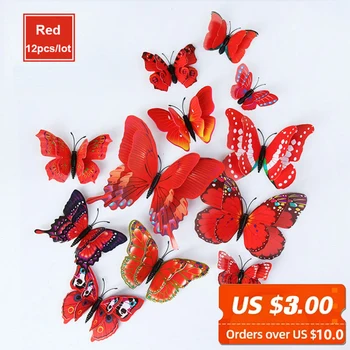 12 шт. / упак. Наклейка на стену с 3D красной бабочкой из высококачественного ПВХ, водонепроницаемая Наклейка для украшения дома с имитацией бабочки
