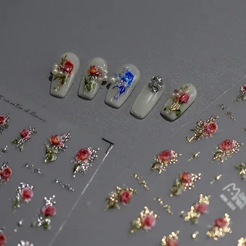 1шт 5D Рельефный Лазер Изысканный Цветок для дизайна ногтей Наклейки Акриловые Розы Самоклеящиеся Наклейки Украшения ногтей Аксессуары DIY
