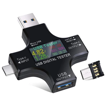 2 в 1 USB-тестер Type C, Цветной ЖК-дисплей, Цифровой мультиметр, USB C, Напряжение, Ток, Вольтметр, Ампер-Вольтметр, Детектор