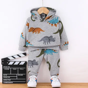 2023 Весенне-осенний комплект одежды для маленьких мальчиков с рисунком Динозавра, штаны для бега трусцой, костюм с капюшоном, спортивный пуловер, рубашка, детская одежда