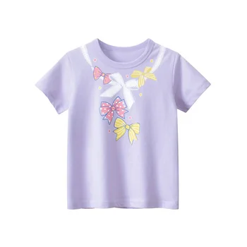 2023 Летняя новая одежда для девочек, детская футболка с фиолетовым бантом и короткими рукавами, Корейская детская одежда от 3 до 8 лет