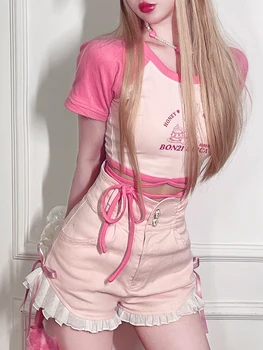 2023 Новые Летние Розовые шорты Lolita Kawaii Женские с оборками Японские Милые джинсы Женская Синяя повязка Джинсовые шорты в Корейском стиле