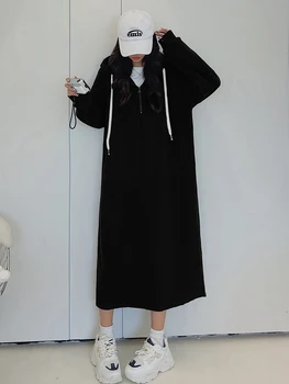 2023 Осень Корея Толстовки Женское платье Vestidos Robe Elbise Свободные Плюс размер Однотонные Зимние длинные платья с капюшоном и длинным рукавом