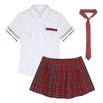 3шт. женского сексуального нижнего белья, косплей-костюм школьницы, школьная форма, рубашка с коротким рукавом, клетчатая мини-юбка и набор галстуков