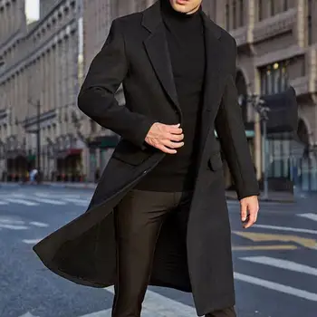 40% Мужское пальто HOTWinter, однотонная куртка с длинным рукавом и пуговицами, мужское пальто, уличный тренч средней длины