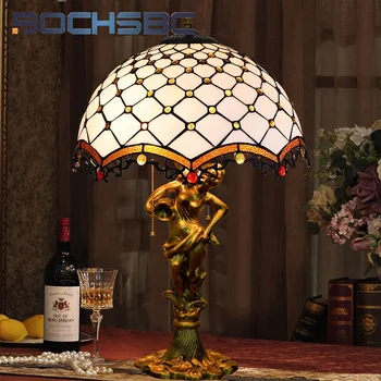 BOCHSBC Tiffany простой стиль, белые бусины, витражная настольная лампа в стиле ар-деко, гостиная, кабинет, спальня, Прикроватная тумбочка, бьюти-лампа