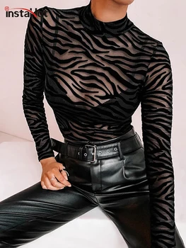 InstaHot, черное сетчатое прозрачное сексуальное боди с длинным рукавом, повседневный комбинезон в тонкую полоску с имитацией шеи, женский облегающий костюм для вечеринок