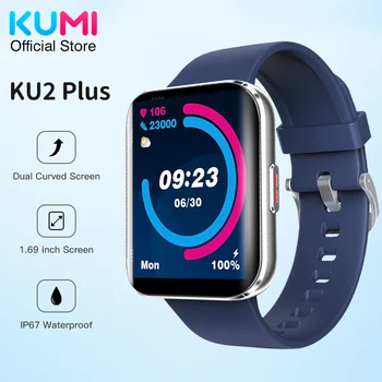 KUMI KU2 Plus 1,69-дюймовые мужские смарт-часы с двойным изогнутым экраном, фитнес-пульсометр, умные часы с контролем кислорода в крови для Android IOS