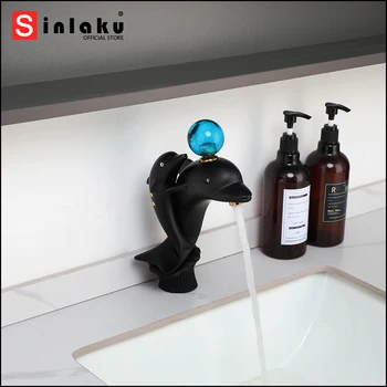 SINLAKU Уникальный смеситель для раковины в форме дельфина, матово-черный, со сферической ручкой, смесители для горячей и холодной воды, установленные на бортике