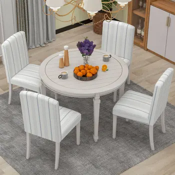 Антикварный обеденный стол из 5 предметов, круглый стол с ножками из массива дерева и 4 мягких стула из полосатой ткани для столовой
