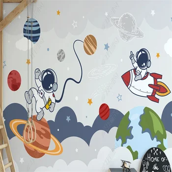 Астронавты прогуливаются по космосу, обои, мультяшные планеты, Ракета, фрески, обои для детской комнаты, украшение детских комнат
