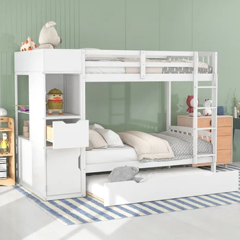 Белая двухъярусная кровать с чемоданом и прикрепленным многофункциональным шкафчиком, мебель для спальни Twin Size