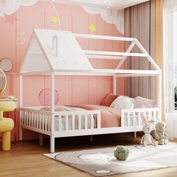 Белая кровать в натуральную величину из дерева с ограждением, легко монтируемая Для мебели для спальни в помещении