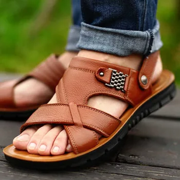 Большие размеры 47 48, мужские кожаные сандалии, Летняя классическая мужская обувь, тапочки, Мягкие сандалии, мужская римская удобная обувь для прогулок на открытом воздухе