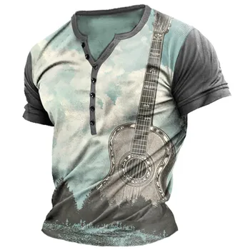Винтажная мужская футболка с музыкальной гитарой, футболки с графическим рисунком, хлопковая футболка с коротким рукавом, футболка Хенли с 3D-печатью, мужская одежда большого размера, топ