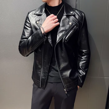 Высококачественная кожаная куртка, мужская модная мотоциклетная верхняя одежда, Мужская куртка-бомбер с отложным воротником, кожаные, замшевые байкерские куртки, мужские