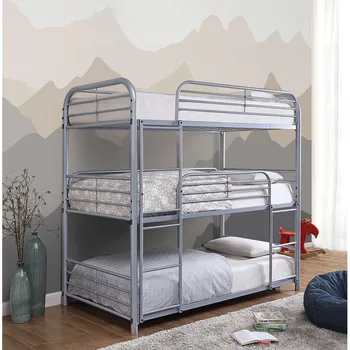 Двуспальная трехъярусная кровать, цельнометаллическая конструкция, улучшенное крепление к перилам, приставная лестница для внутренней мебели для спальни