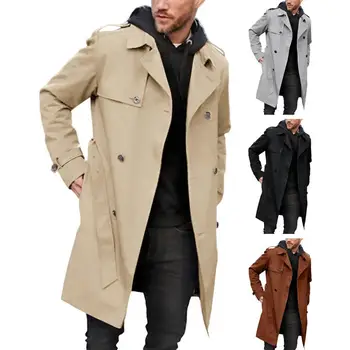 Деловой двубортный пиджак средней длины, мужская двубортная ветровка, стильные мужские двубортные длинные пальто на осень