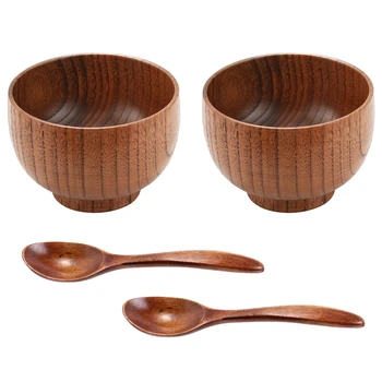 Деревянная миска и ложка ручной работы из 4 предметов для подачи риса Мисо на домашнюю кухню