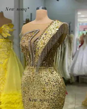 Длинные вечерние платья русалки с блестящим золотом, серебряные кристаллы, кисточки, арабские вечерние платья для выпускного вечера для женщин, свадебная вечеринка