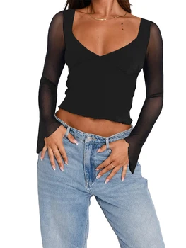 Женская винтажная эстетичная футболка с V-образным вырезом и разрезом из сетчатой пряжи с длинным рукавом, топы на завязках, уличная одежда