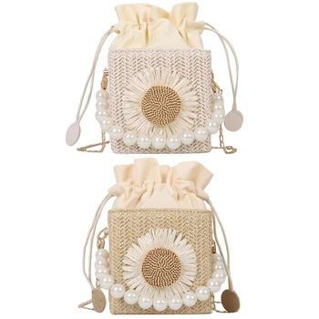 Женская квадратная сумка-хобо, легкая дышащая соломенная сумка с жемчужной ручкой сверху для отдыха, путешествий, отпуска с солнечным цветочным орнаментом