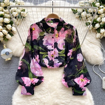 Женская милая блузка с цветочным рисунком, прозрачная рубашка с длинным рукавом в стиле ретро, летняя офисная одежда, шикарные топы Blusa LA835