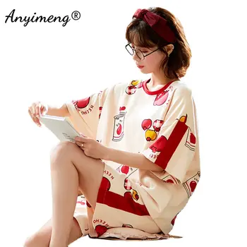 Женская хлопчатобумажная пижама с короткими рукавами, Летняя пижама с круглым воротником, Корейская модная Свободная пижама с милым принтом для женщин