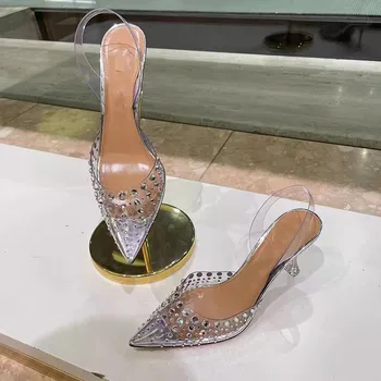 Женские босоножки с ремешком на щиколотке и кристаллами из ПВХ, Модные женские туфли-лодочки с острым носком, модные Zapatos Mujer