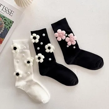 Женские носки, Белые, черные, хлопчатобумажные носки с жемчужным цветком, Средняя трубка, Harajuku, Милые Женские носки в стиле Каваи и Лолиты для девочек, подарок Sox