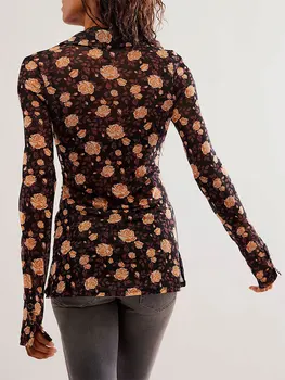 Женские рубашки на пуговицах с цветочным рисунком Y2k, прозрачный сетчатый укороченный топ с V-образным вырезом и рюшами, приталенный топ с длинным рукавом, винтажные осенние топы для выхода в свет