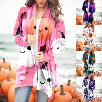 Женские топы с принтом на Хэллоуин, Свободная модная куртка с длинным рукавом, женские топы, Кардиган, Белая рубашка, Пуловеры с винтажным принтом