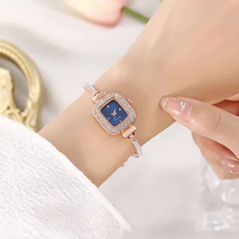 Женские часы с кристалалми и бриллиантами, квадратный циферблат, браслет-цепочка, аналоговый браслет, наручные часы, Замечательные часы, подарок для женщин H9