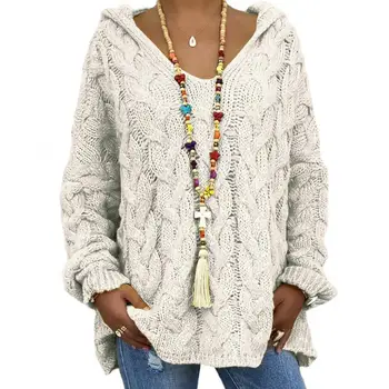 Женский осенний однотонный плетеный пуловер с капюшоном и длинным рукавом, Вязаный свитер, Плетеный дизайн с капюшоном, Свободный повседневный свитер