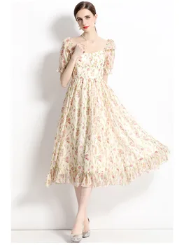 Женское летнее платье Темпераментного Корейского дизайна Sweet Commuter с тонким квадратным вырезом и пышными рукавами в цветочек D4382