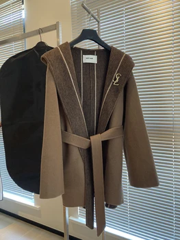 Женское пальто, новое высококачественное двустороннее пальто с капюшоном из австралийской шерсти средней длины, свободная накидка с завязками.
