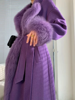 Женское фиолетовое шерстяное длинное пальто-кардиган с поясом double face, элегантный женский воротник из натурального лисьего меха, шерстяная верхняя одежда windbreak LY914