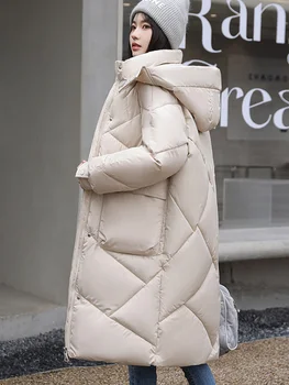 Зимнее пуховое хлопчатобумажное пальто, женская толстая теплая длинная куртка, женские Корейские модные стеганые куртки с капюшоном, женская верхняя одежда Миди на молнии