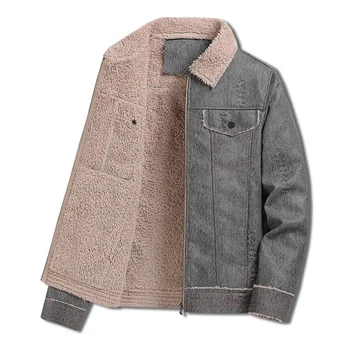 Зимняя мужская толстая теплая куртка из искусственной кожи 2024 года с воротником из овечьего меха на флисовой подкладке, мотоциклетная верхняя одежда для мужчин