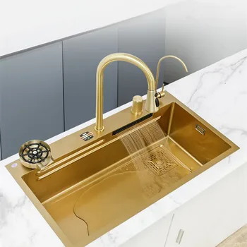 Золотая кухонная раковина 2023 года с водопадом, раковина из нержавеющей стали 304, большой золотой умывальник с одним слотом, подходящий для украшения кухни