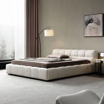 Итальянская минималистичная Двуспальная кровать с тканевой обивкой, мебель для главной спальни, Постельное белье, Высококачественная Белая кровать размера King / Queen Size.