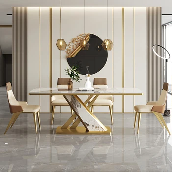Итальянский минималистичный обеденный стол 2023 года, новая легкая роскошная мебель, прямоугольная комбинация обеденного стола и стула из каменной доски