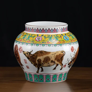 Керамические вазы Цзиндэчжэнь для цветов с крупным рисунком Быка, Винтажная Восточная ваза, Ретро Цветочный горшок